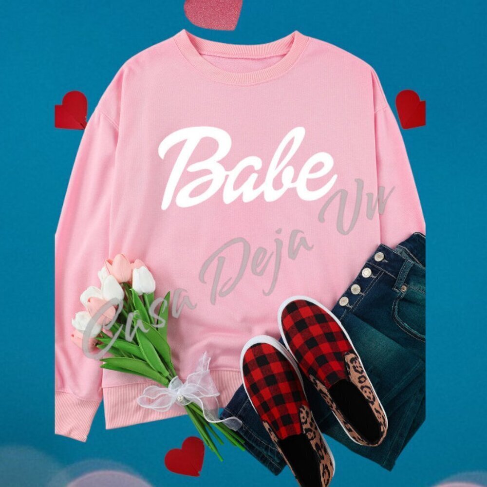 Pink & White Barbie Font Babe Cotton Blend Long Sleeve Crew Neck Sweatshirt - Picture 3 of 8